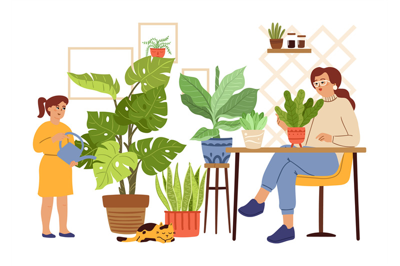 urban-jungle-gardening-mother-daughter-girl-watering-woman-planting