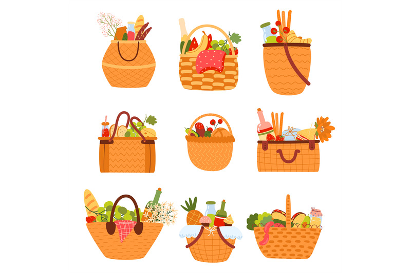 picnic-baskets-different-wicker-bags-with-foods-family-and-romantic