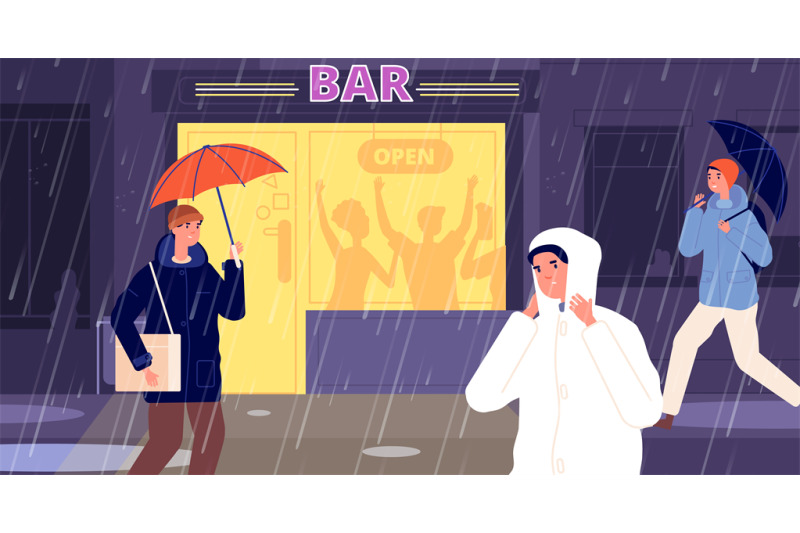 rain-on-street-night-bar-reopen-entrance-lightning-on-dark-rainy-au