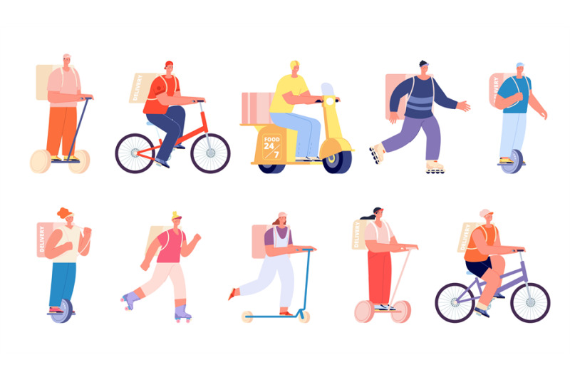 smart-food-delivery-courier-on-bike-man-woman-working-in-shipping-o