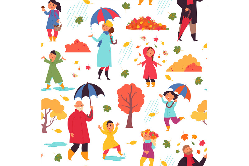 autumn-people-walking-pattern-adult-standing-with-umbrella-children