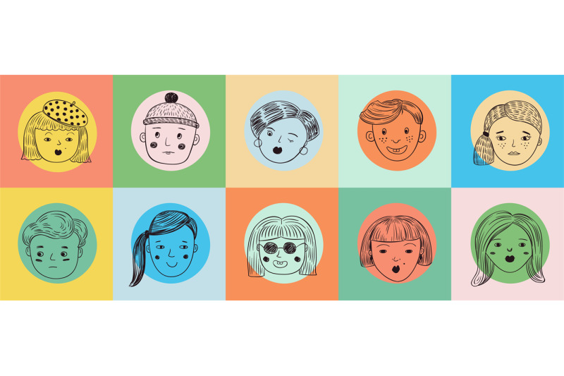 people-doodle-face-avatar-drawn-faces-human-emotional-woman-man-port