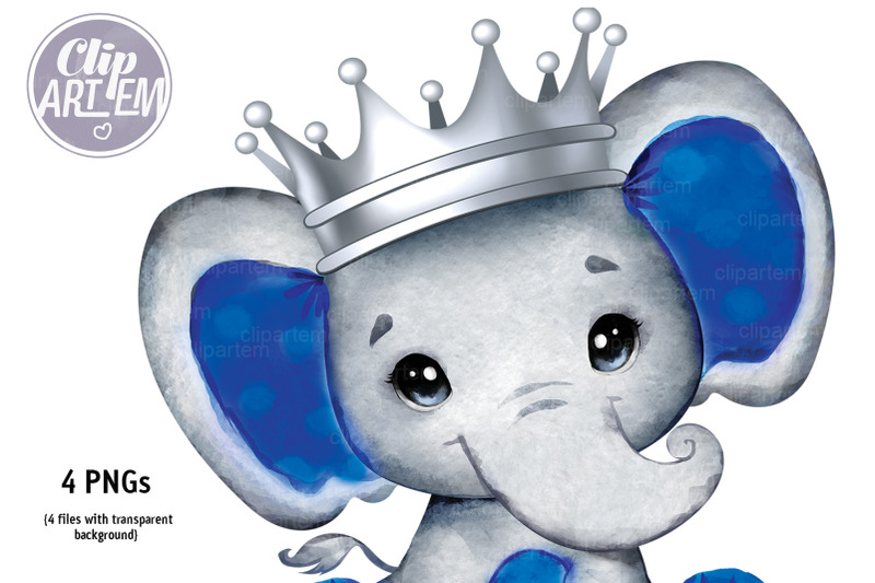 royal-blue-boy-elephant-with-silver-crown-watercolor-4png-clip-art