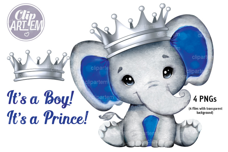 dark-blue-royal-baby-elephant-with-silver-crown-watercolor-clip-art