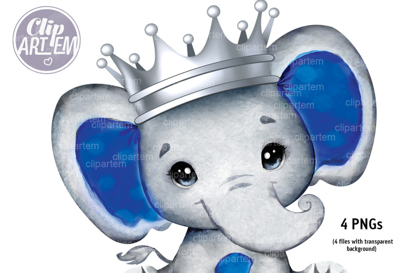 dark-blue-royal-baby-elephant-with-silver-crown-watercolor-clip-art