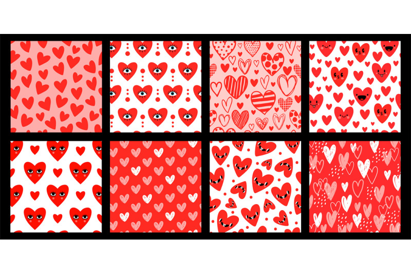 sketch-and-cartoon-hearts-with-faces-valentine-day-seamless-patterns