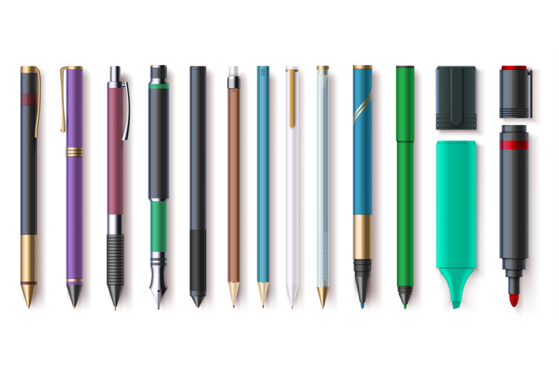 realistic-office-writing-supplies-pencils-pens-and-markers-highligh