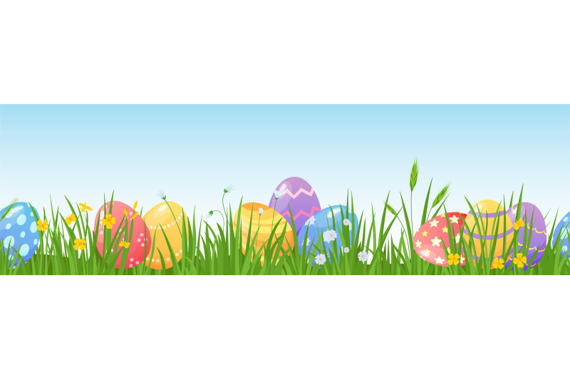 cartoon-easter-eggs-on-meadow-green-grass-seamless-border-spring-lawn