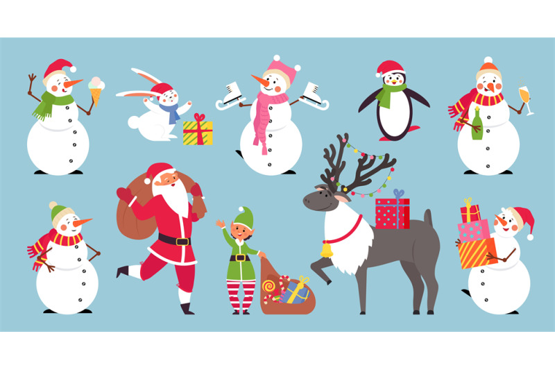 flat-cartoon-christmas-characters-merry-holiday-cute-penguin-santa