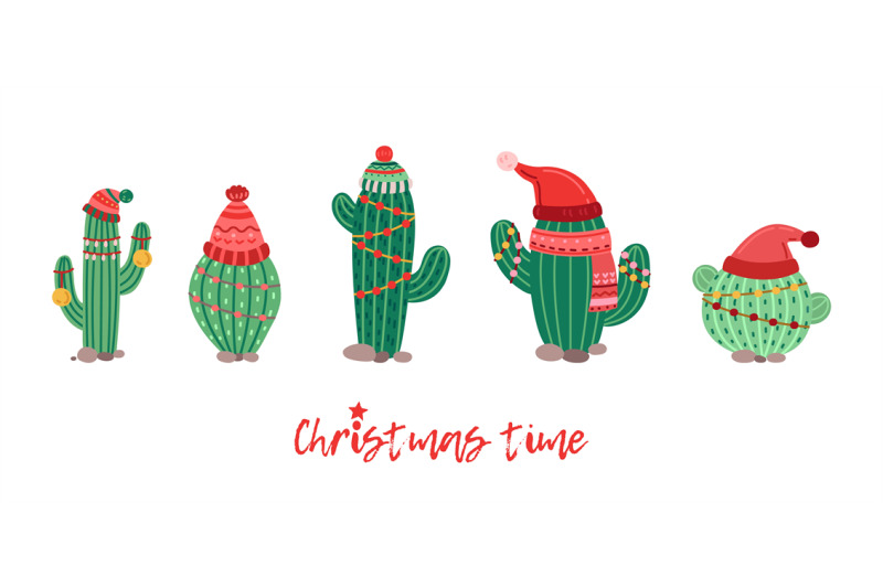 cactus-in-winter-hat-christmas-decorations-cacti-with-garlands-xmas