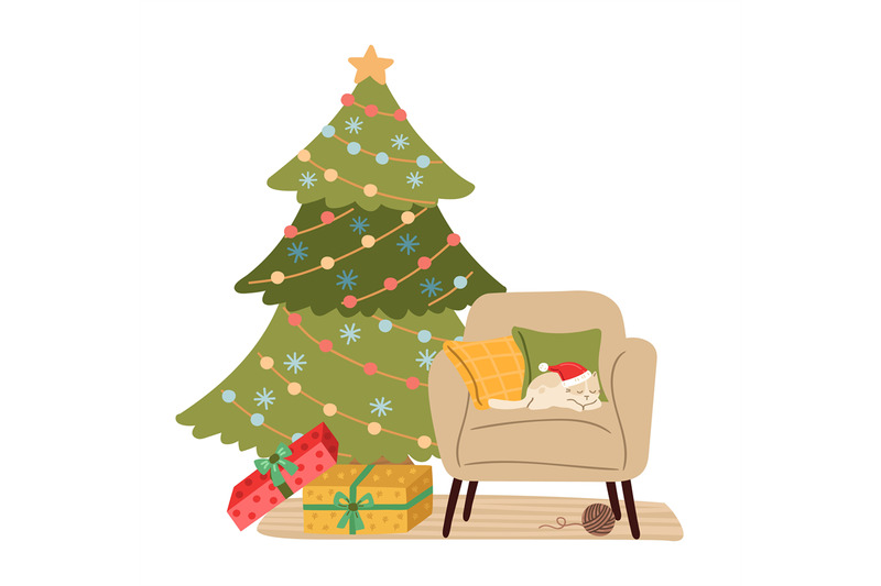 cat-sleep-in-chair-christmas-kitty-in-santa-hat-xmas-tree-and-gift-b