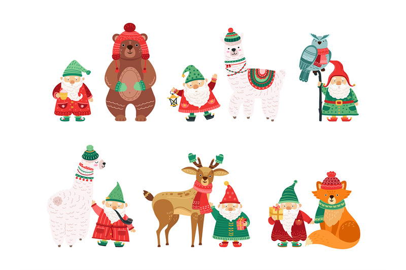 holiday-winter-characters-christmas-dwarfs-with-animals-in-knit-hats