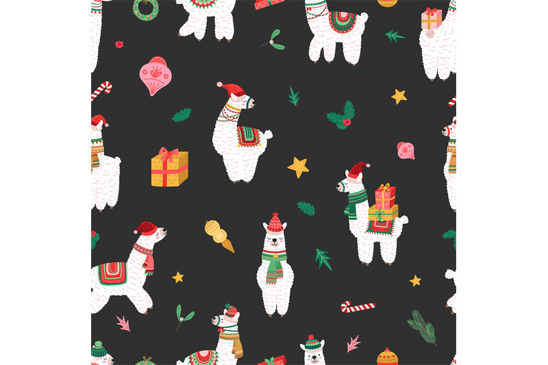 llama-print-cute-cartoon-alpaca-christmas-branches-and-gifts-holida