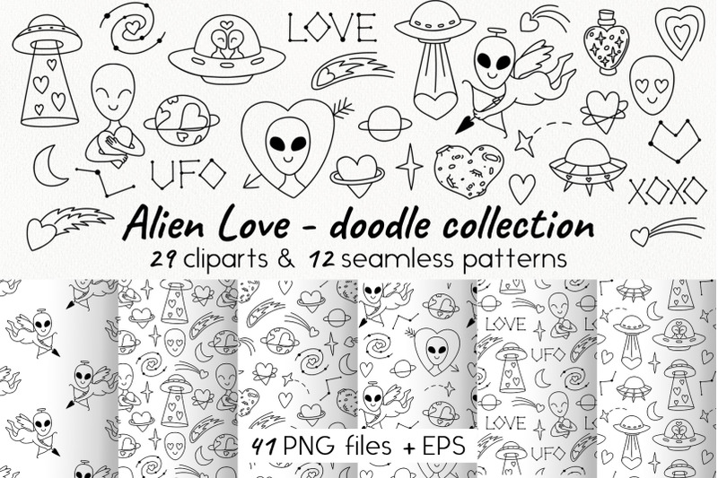 alien-love-valentine-ufo-doodle-clipart-amp-seamless-pattern