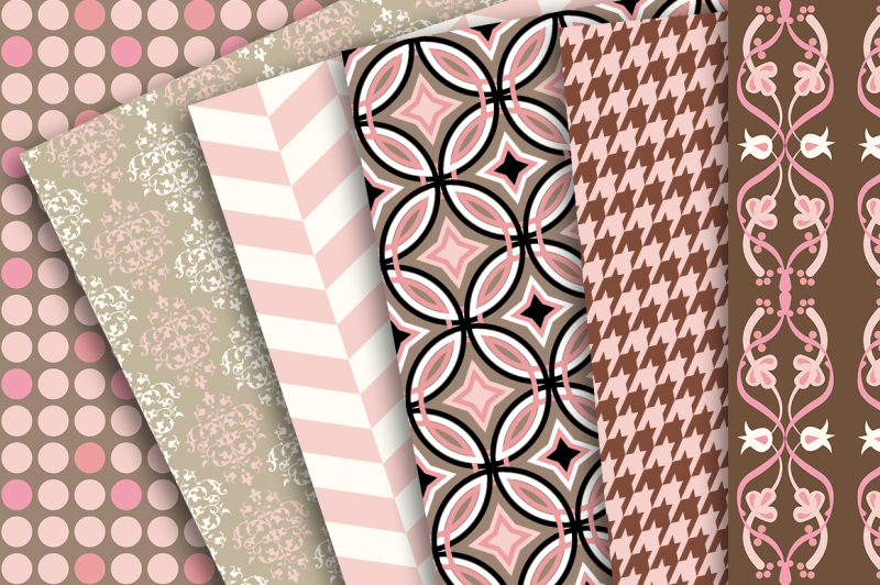 digital-paper-pink-and-brown-02-patterns-of-houndstooth-chevron-damask-polka-dots-and-circles