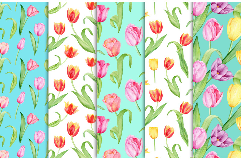 tulips-blossom-watercolor-digital-paper-bright-spring-flowers-pattern