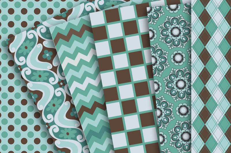 digital-paper-teal-and-brown-patterns-of-chevron-polka-dots-damask-and-argyle