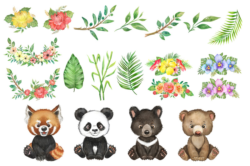 cute-bears-watercolor-clipart-forest-baby-animals-animals-and-flower