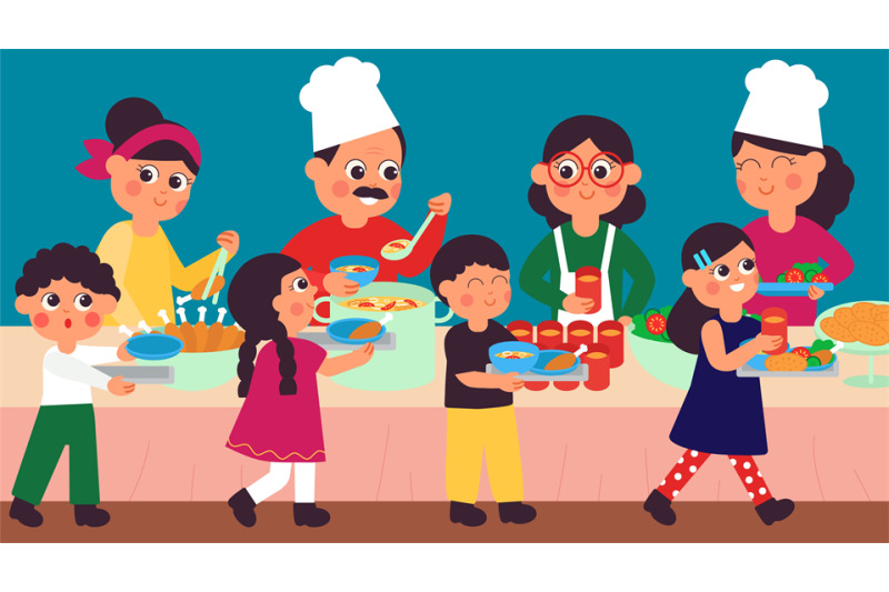 kids-buffet-concept-school-canteen-chefs-giving-food-for-children-s