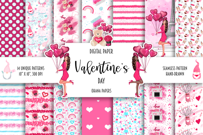 valentines-day-digital-paper-pack-fashion-illustration-girl-romantic