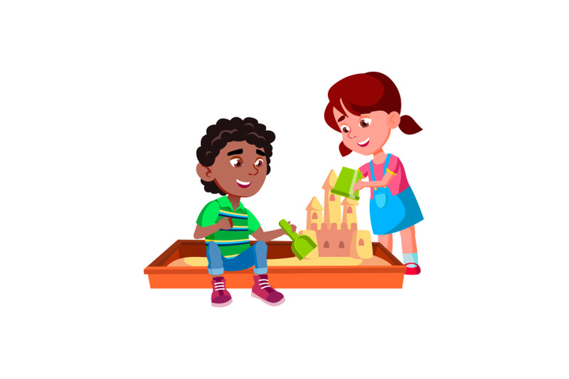 children-building-sandy-castle-in-sandbox-vector