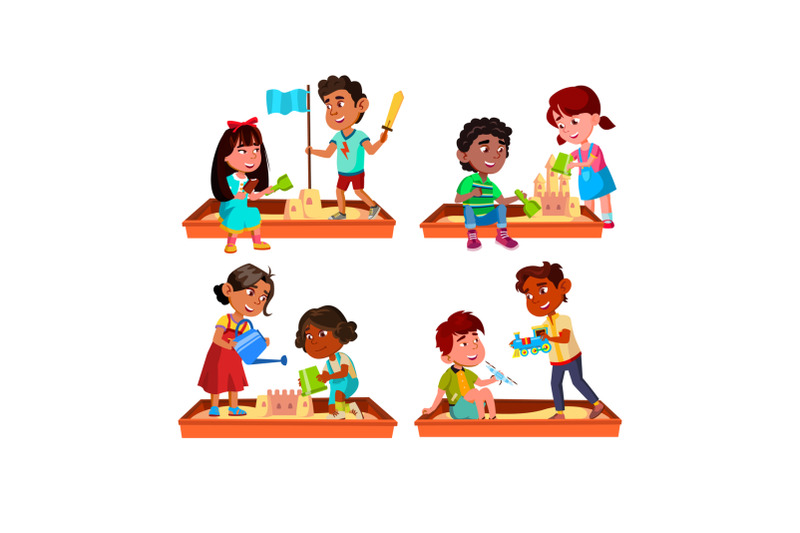 boy-and-girl-kids-playing-in-sandbox-set-vector