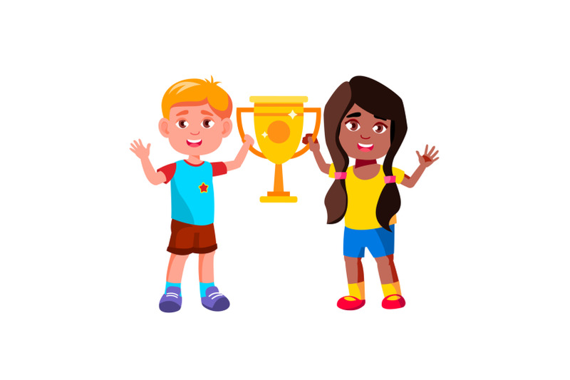 children-holding-cup-award-togetherness-vector