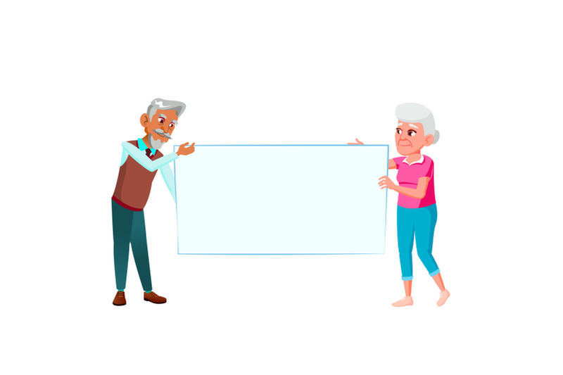 old-man-and-woman-holding-blank-banner-vector