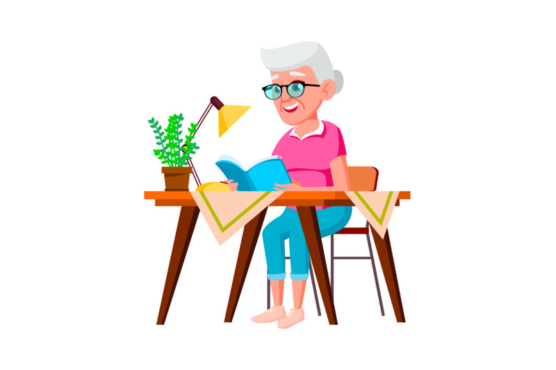 old-woman-sitting-at-table-and-reading-book-vector