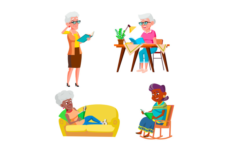 old-woman-reading-and-enjoying-book-set-vector