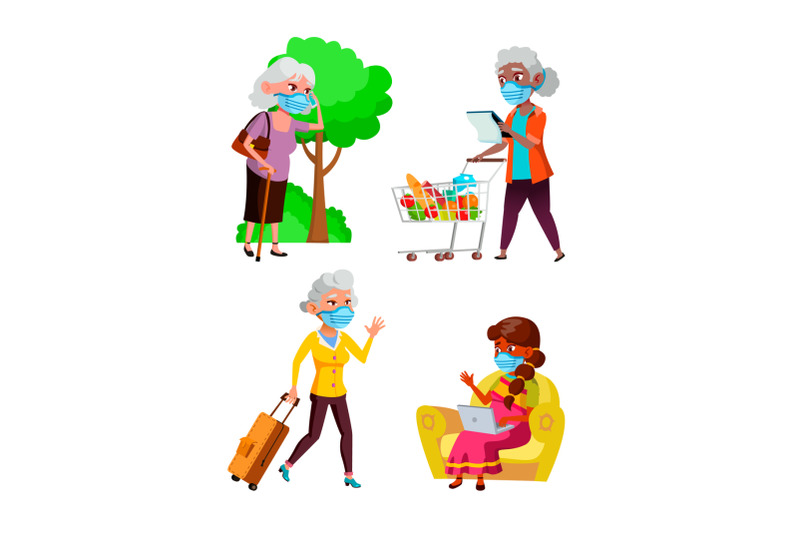 old-woman-wearing-mask-set-vector