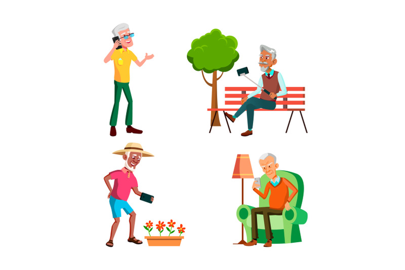 old-men-using-phone-for-communication-set-vector