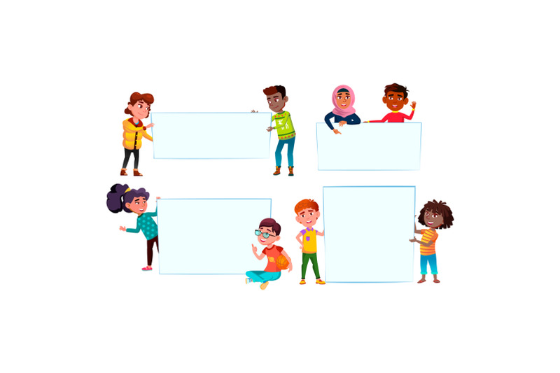 school-boy-and-girl-with-empty-banner-set-vector