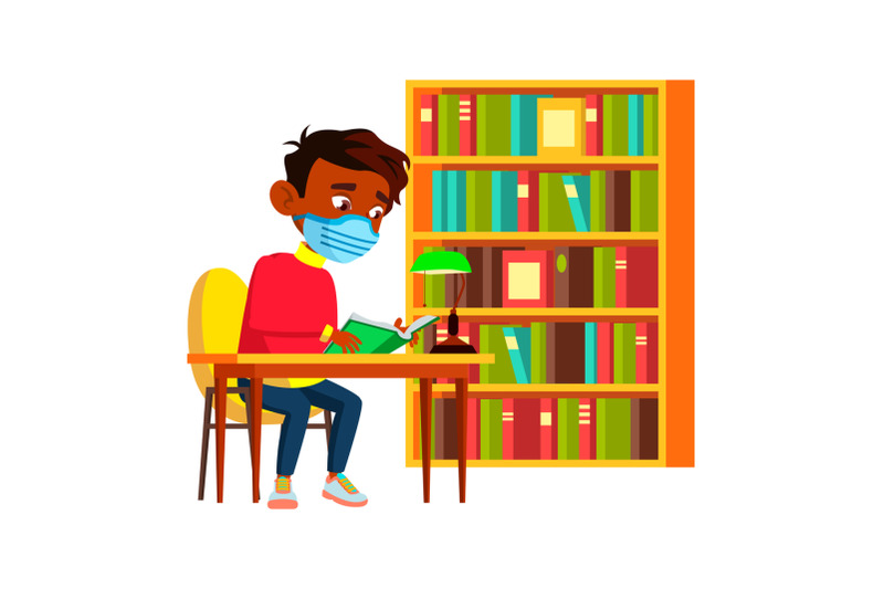 school-boy-wearing-facial-mask-in-library-vector