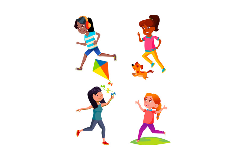 school-girls-teenagers-running-outdoor-set-vector