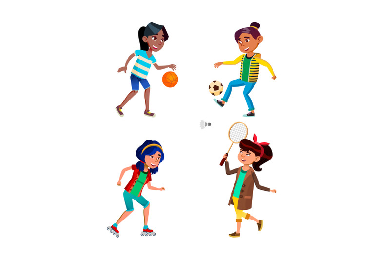 school-girls-playing-sport-game-active-set-vector