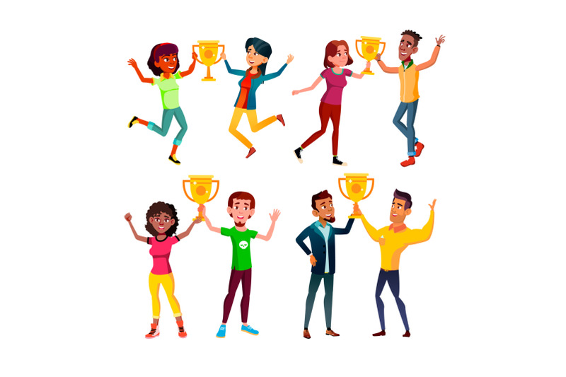 teen-boy-girl-with-trophy-cup-set-vector