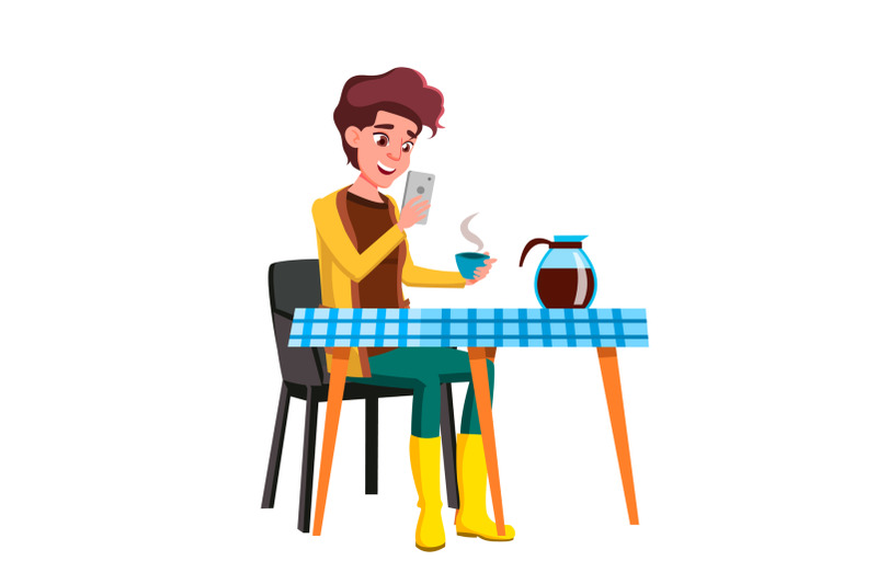 girl-teen-using-smartphone-during-breakfast-vector