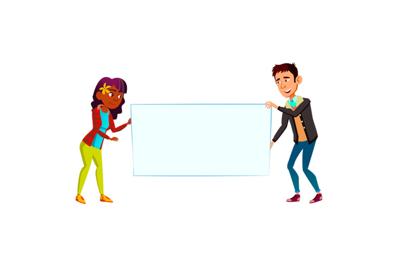 boy-and-girl-teen-holding-blank-banner-vector