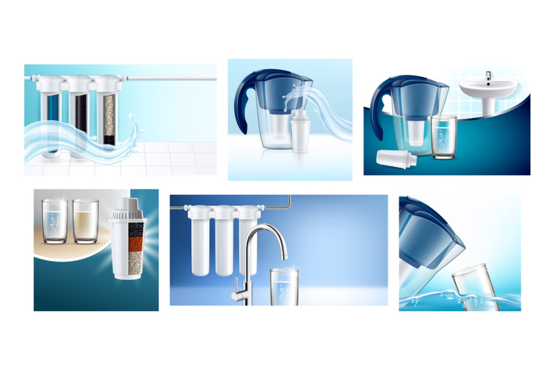 water-filter-creative-promotion-posters-set-vector