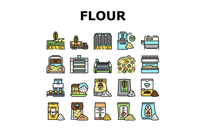 flour-factory-industry-production-icons-set-vector