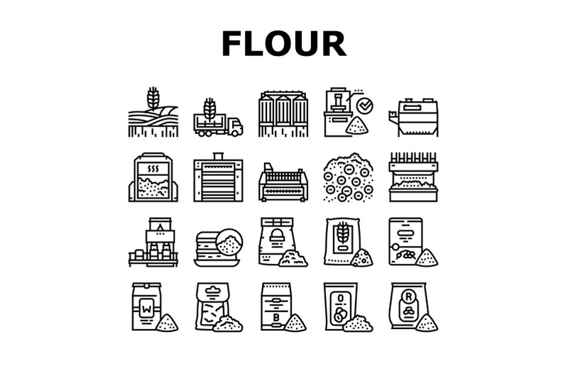 flour-factory-industry-production-icons-set-vector