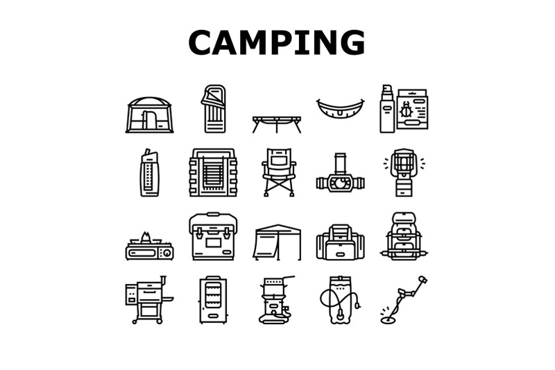 camping-equipment-and-accessories-icons-set-vector