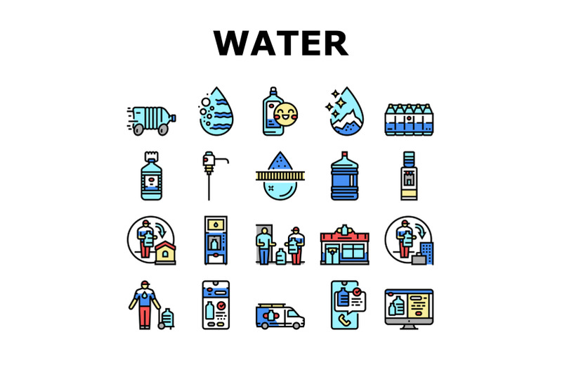 water-delivery-service-business-icons-set-vector