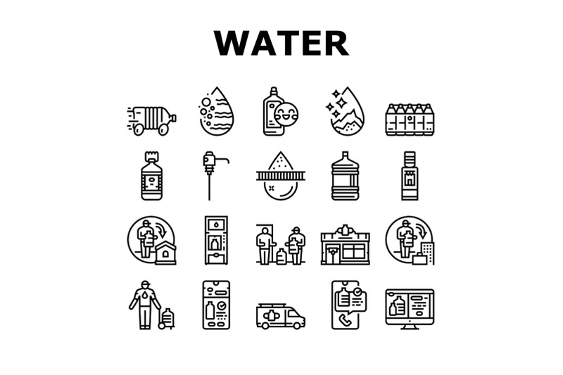 water-delivery-service-business-icons-set-vector