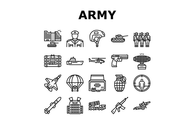 army-soldier-and-war-technics-icons-set-vector