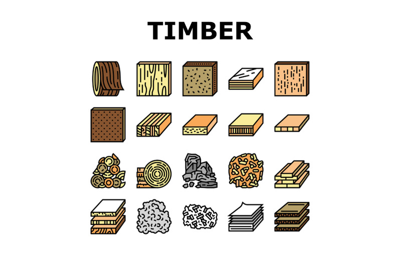 timber-wood-industrial-production-icons-set-vector