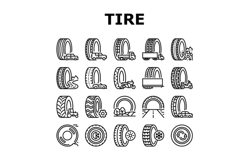 used-tire-sale-shop-business-icons-set-vector