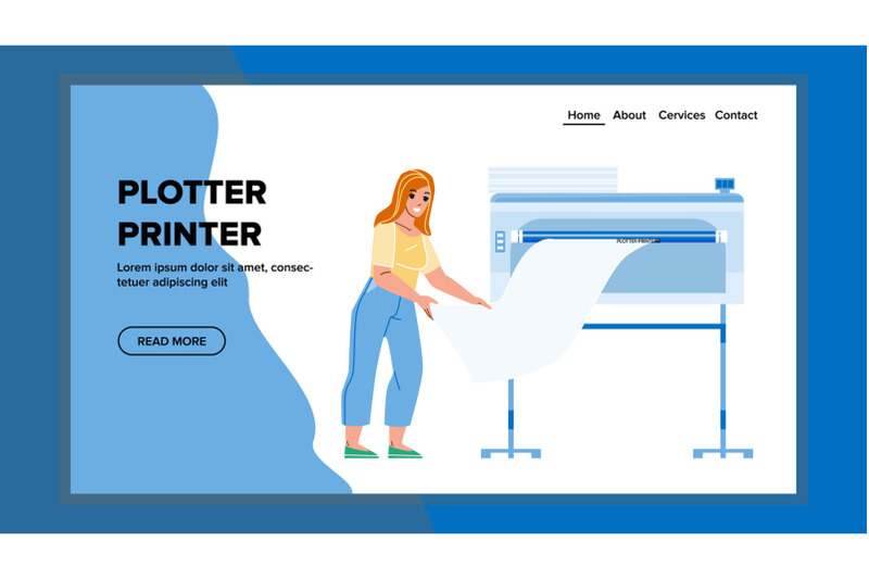 plotter-printer-printing-girl-worker-banner-vector