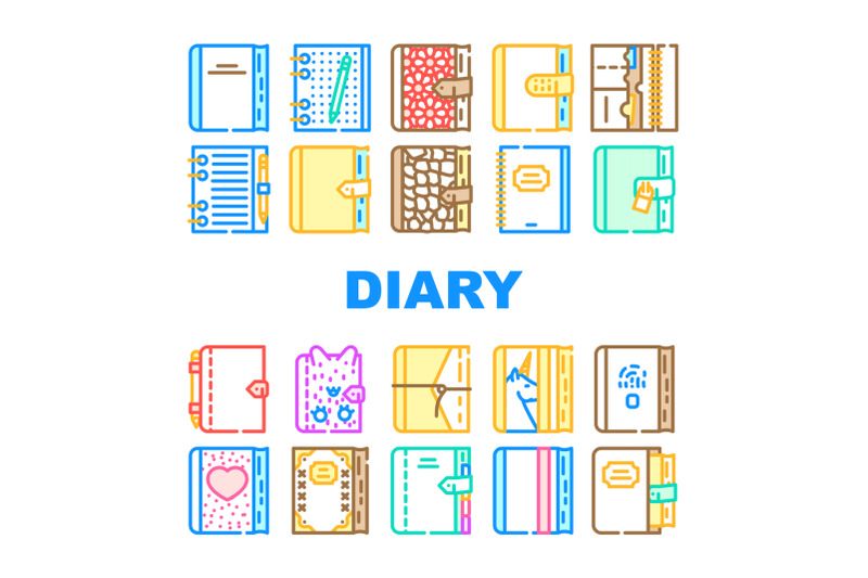 diary-paper-stationery-accessory-icons-set-vector
